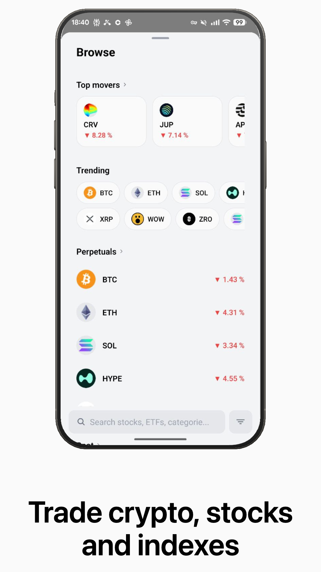 Farao browse view showing top movers and trending tokens