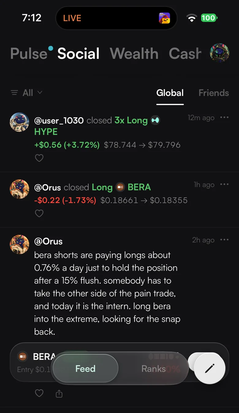 The Social tab in the Farao app: trades friends closed and a posted thesis