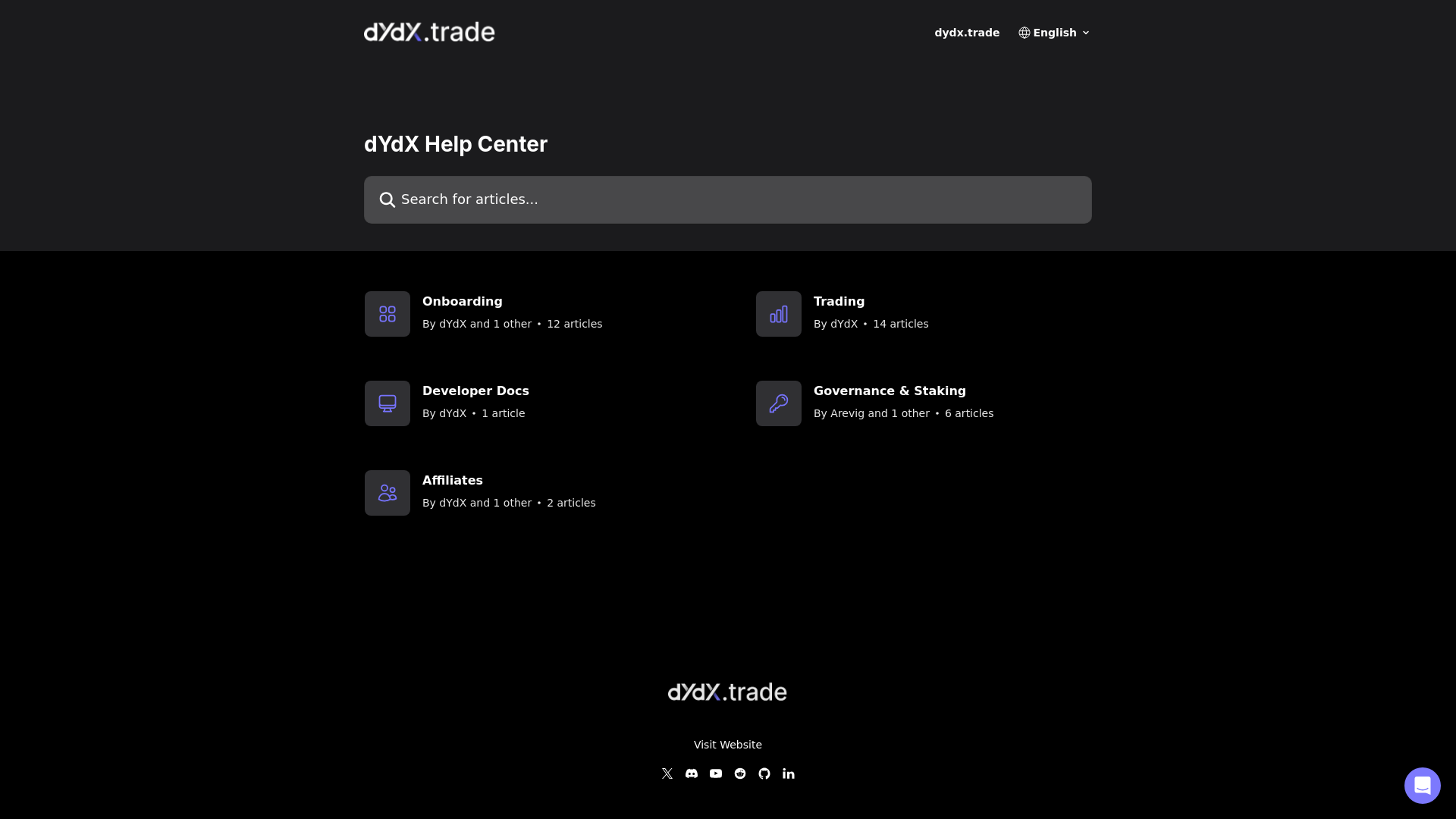 The dYdX Help Center landing page with support documentation categories.