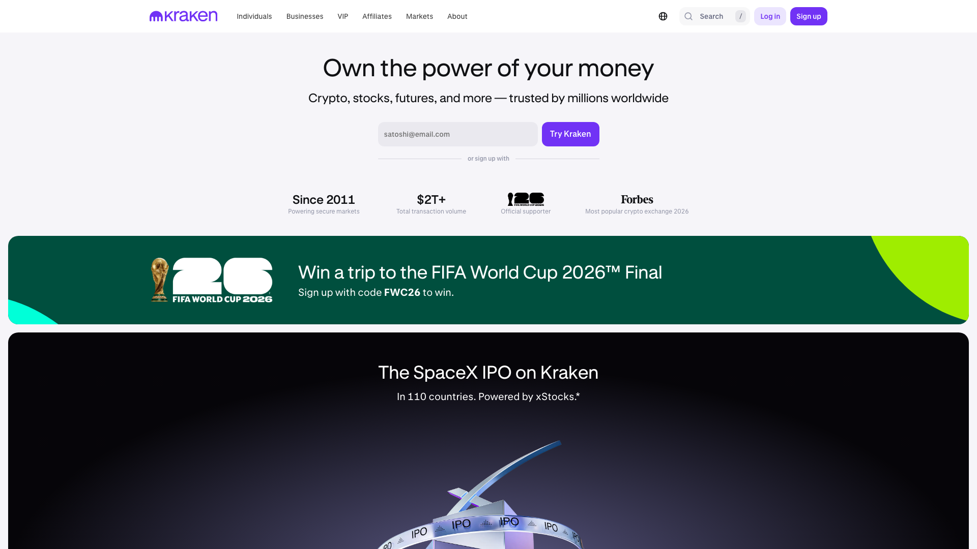 Kraken homepage with the tagline "Own the power of your money."