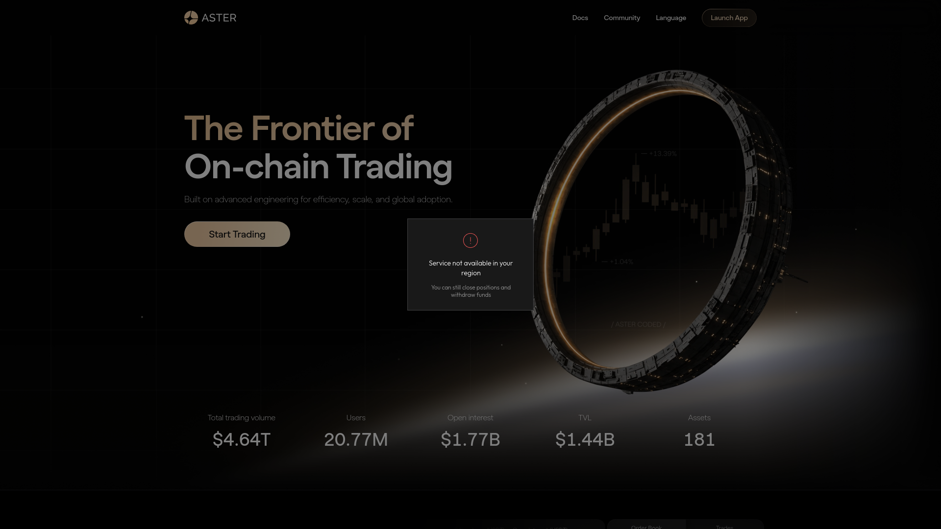 Aster trading platform homepage with a service restriction popup displayed over a black background.