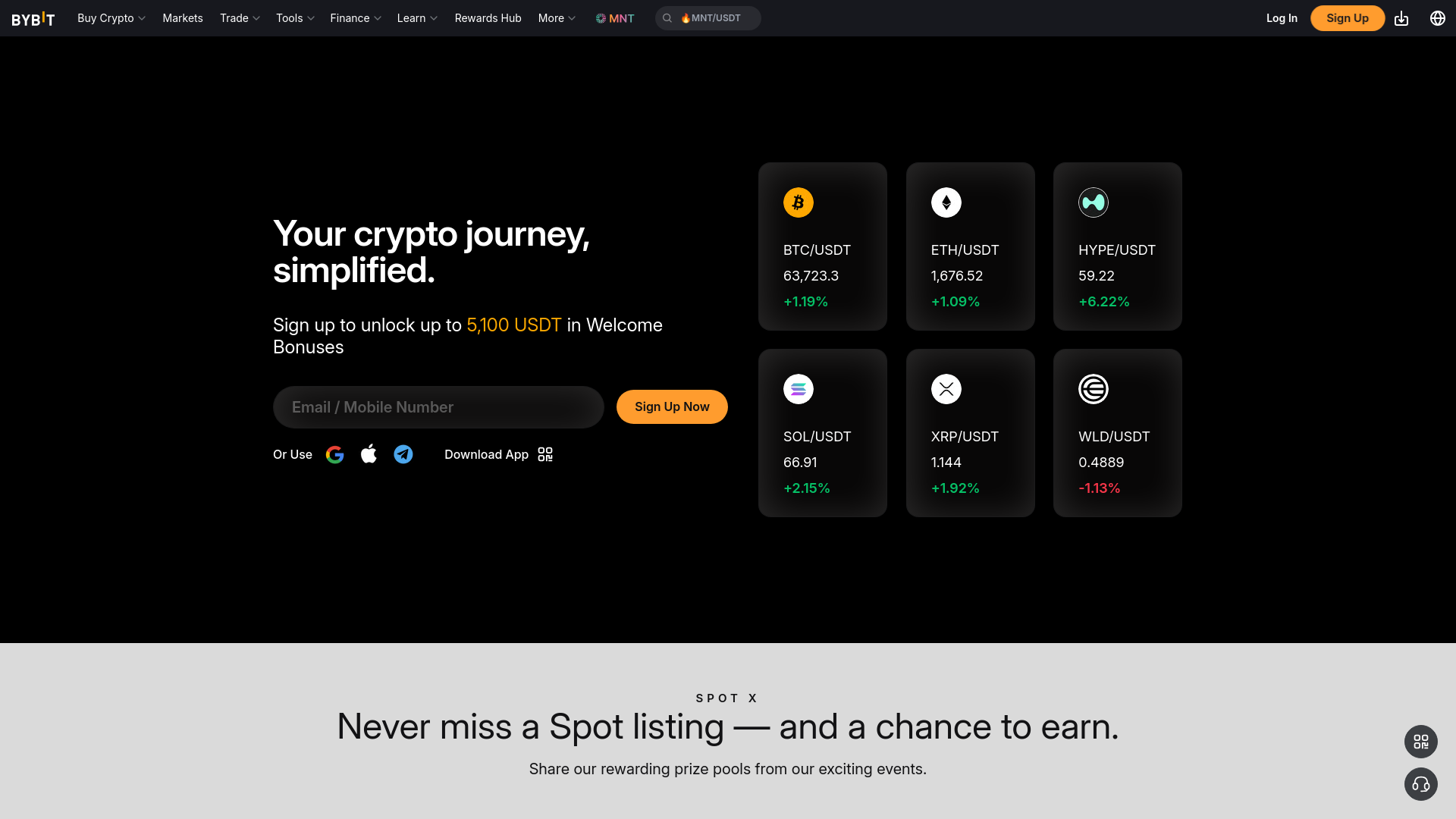 Bybit homepage featuring a cryptocurrency sign-up form and a list of live crypto trading prices.