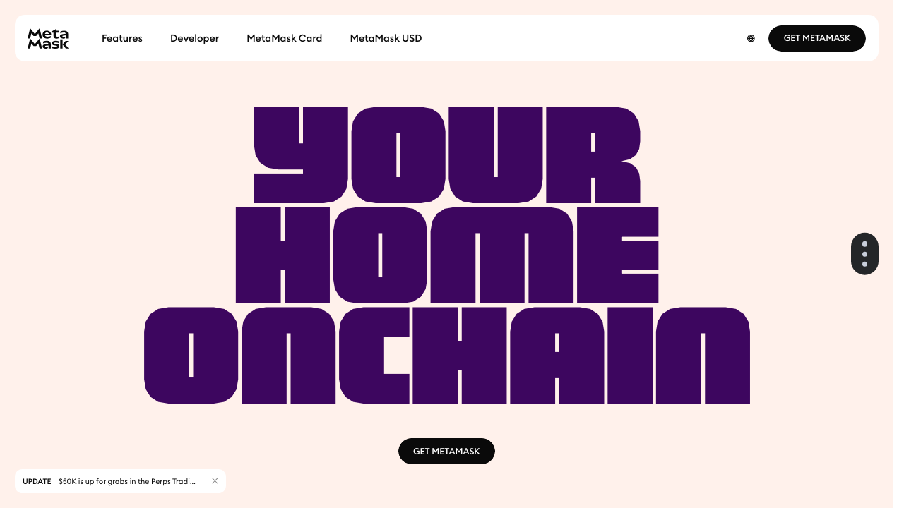 MetaMask homepage with bold purple "Your home onchain" hero text.