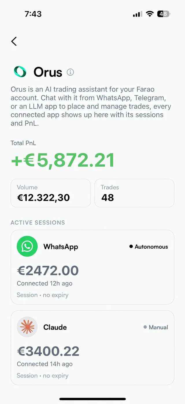 Orus connected apps with WhatsApp and Claude sessions and PnL